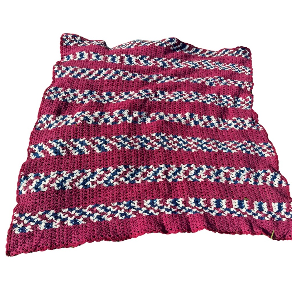 Vintage Handmade‎ Crochet Afghan Blanket Red White Blue 56” Square Throw